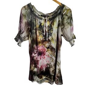 Women Y2K Whimsical Romantic Floral Sheer Blouse Top M Embroidery Lettuce Hem